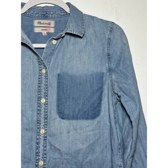 FLAW Madewell Shrunken Denim Shirt Light Wash Button Up Long Sleeve Top Women M - Picture 6 of 9